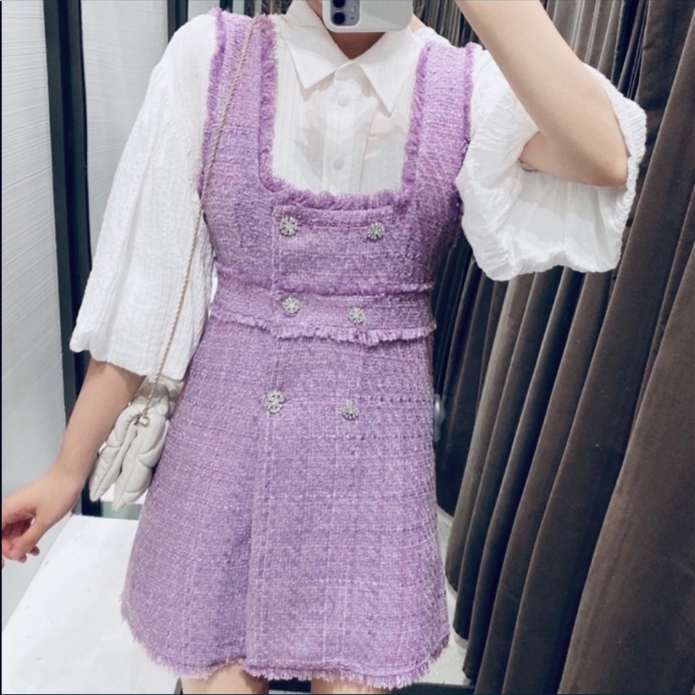 Zara Rhinestone Button Tweed Mini Overall dress Purple